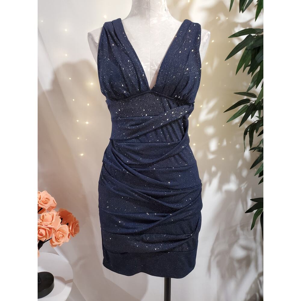Vtg Deb 90s Y2K Sparkle Bandage Bodycon Dress Womens Junior Size L Blue Glitter